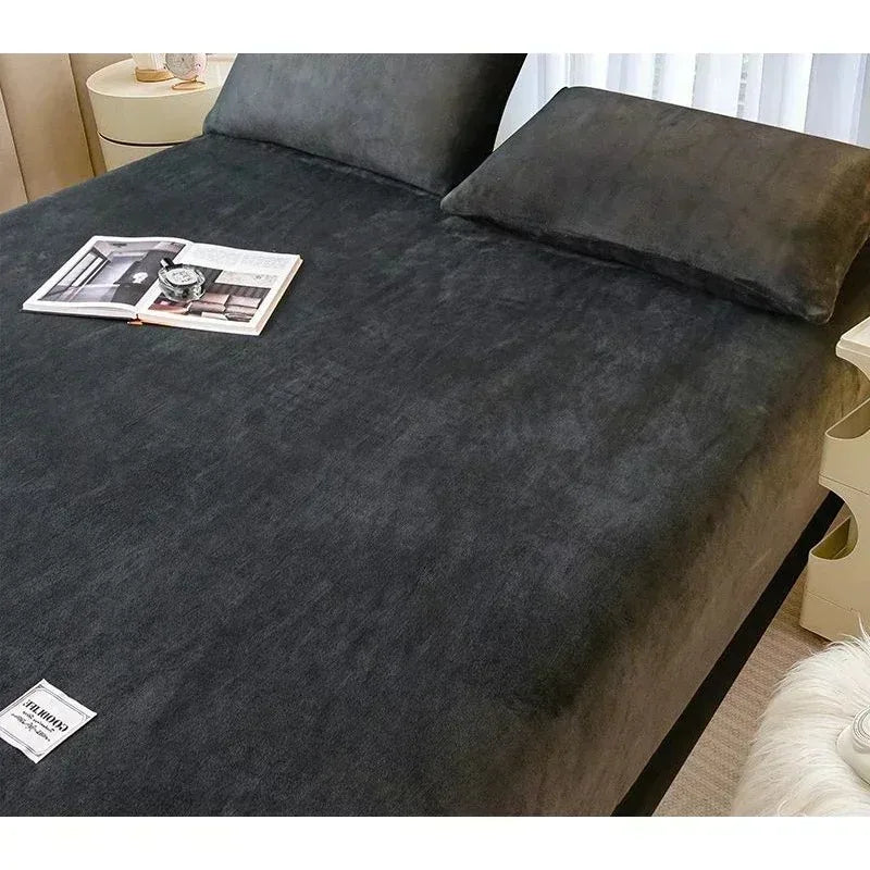 Lençol de pelúcia macio e quente com elástico capa de colchão fofo coral fleece roupa de cama inverno casal luxo cama de casal